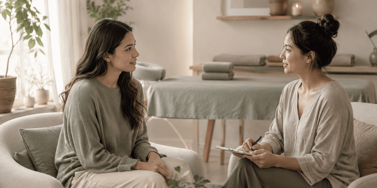 Two people in conversation — practitioner collaboration